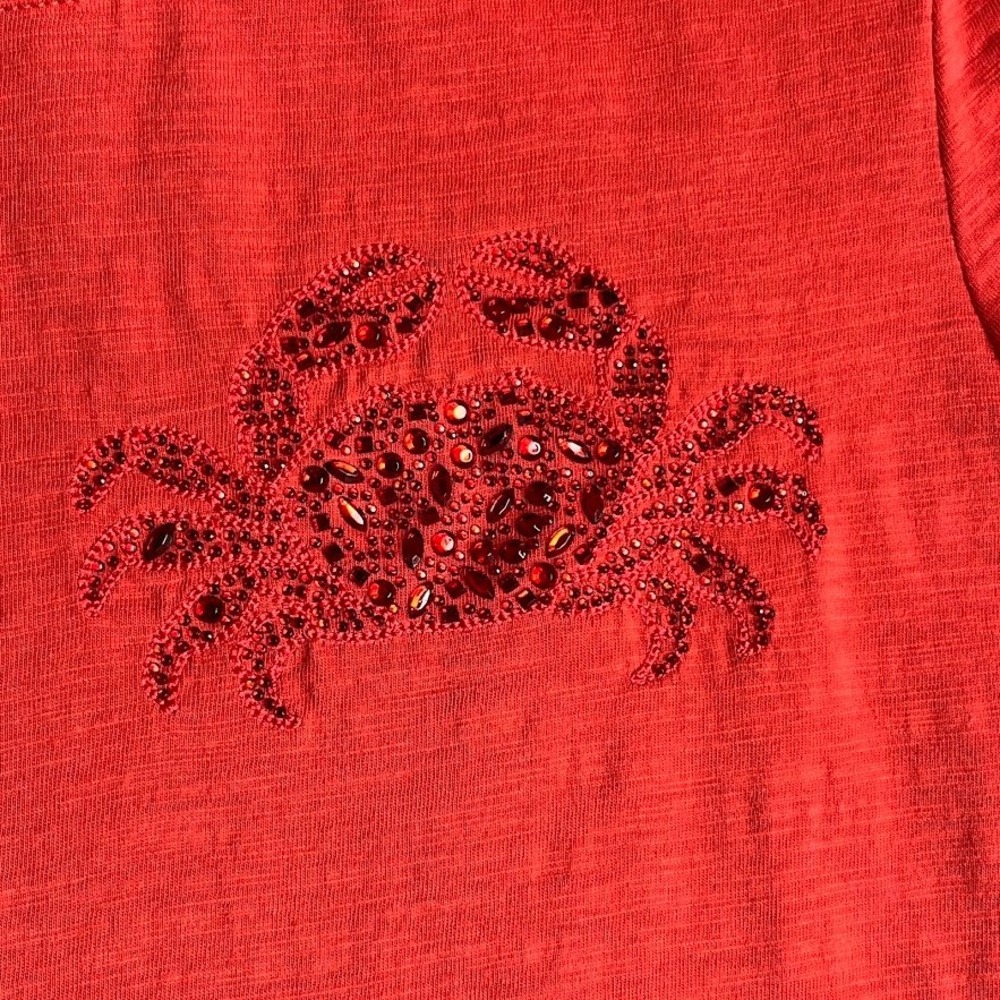 Jane + Delancey T-Shirt Women Large Red Excellent Beaded Crab Puff Sleeve Slub - Picture 3 of 8